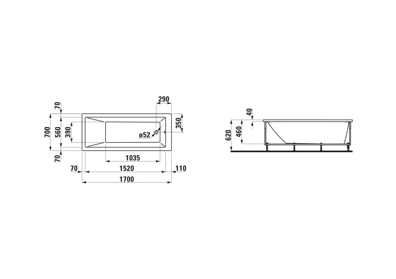 Baignoire avec tablier l à droite Laufen pro Blanc 1700 x 700 x 620 mm - H2309560000001 - Laufen