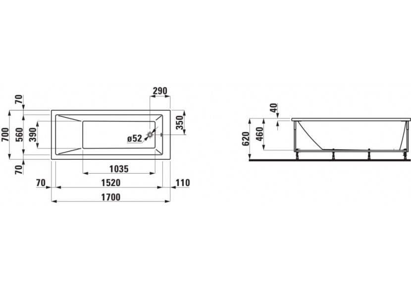 Baignoire avec tablier l à droite Laufen pro Blanc 1700 x 700 x 620 mm - H2309560000001 - Laufen