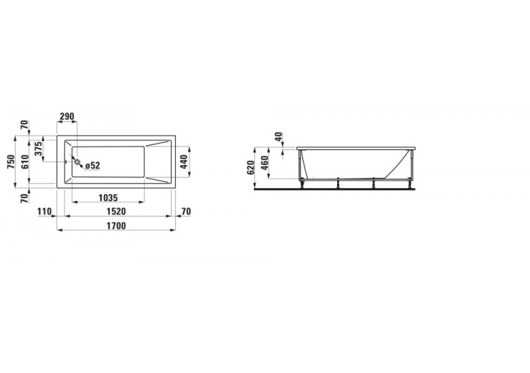 Baignoire avec tablier l à gauche Laufen pro Blanc 1700 x 750 x 620 mm - H2319550000001 - Laufen 2