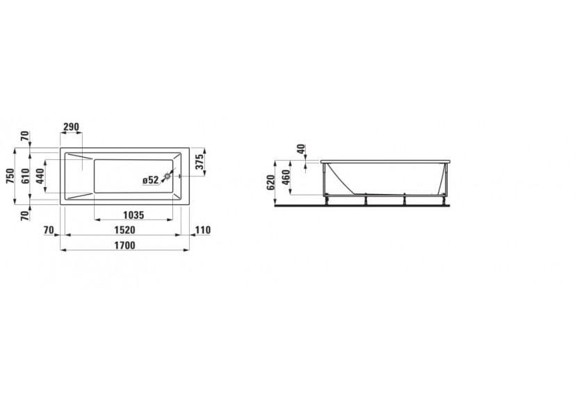Baignoire avec tablier l à droite Laufen pro Blanc 1700 x 750 x 620 mm - H2319560000001 - Laufen