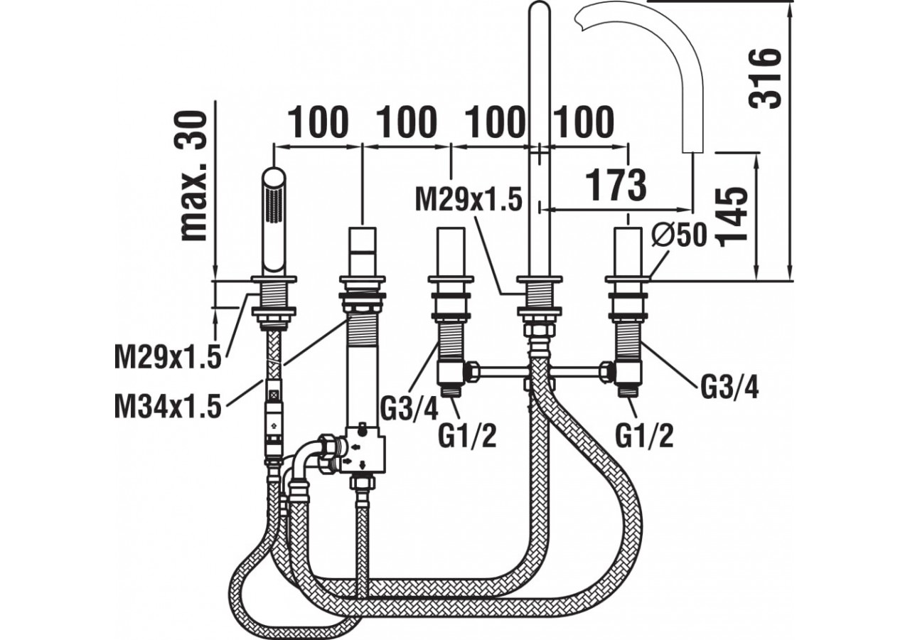 Mélangeur 5 voies pour baignoire indépendante bec de 173 mm Kartell - H3223350042821 - Laufen