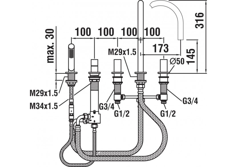 Mélangeur 5 voies pour baignoire indépendante bec de 173 mm Kartell - H3223350042821 - Laufen