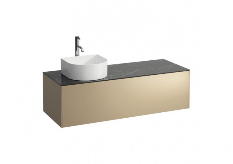 Meuble sous lavabo 1 tiroir découpe gauche Sonar Doré (laqué), plan noir Marquina 1175 x 455 x 340 mm - H4054260341401 - Laufen