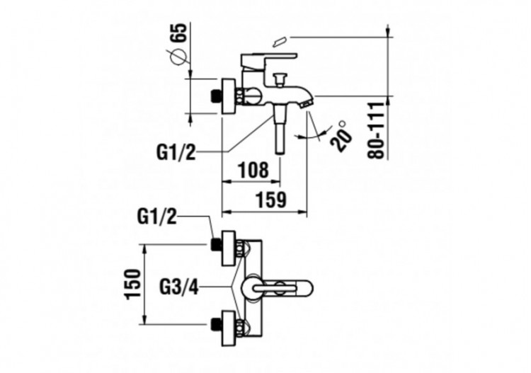 Mitigeur bain-douche Lua 165 x 220 x 145 mm - H3210810044001 - Laufen 2