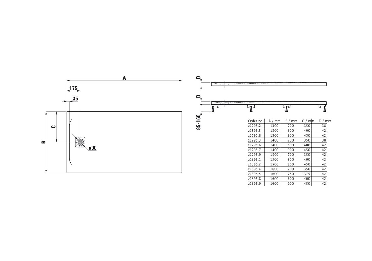 Receveur de douche extra-plat Laufen pro Anthracite 1300 x 800 x 42 mm - H2159550780001 - Laufen