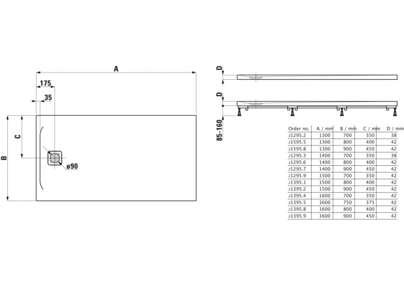Receveur de douche extra-plat Laufen pro Anthracite 1300 x 800 x 42 mm - H2159550780001 - Laufen