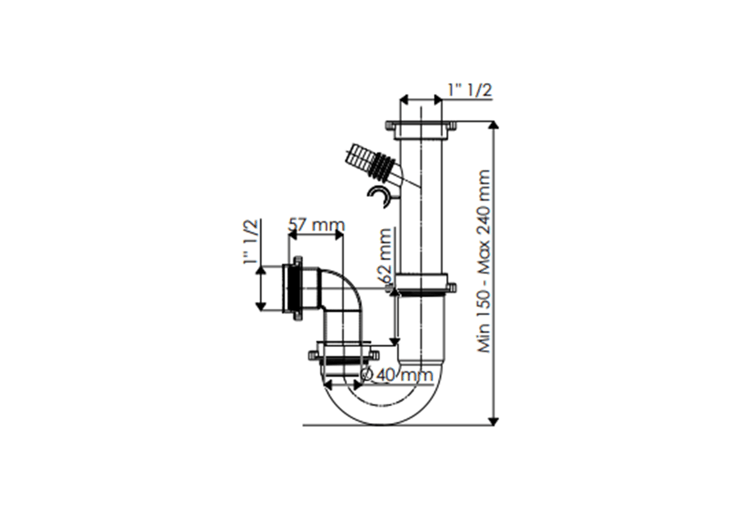 Siphon en U 1-1/2 sortie Ø 40mm filetée 1 cuve avec prise machine à laver/lave vaisselles - 19-P1300/LSI/01 - Fisc 2