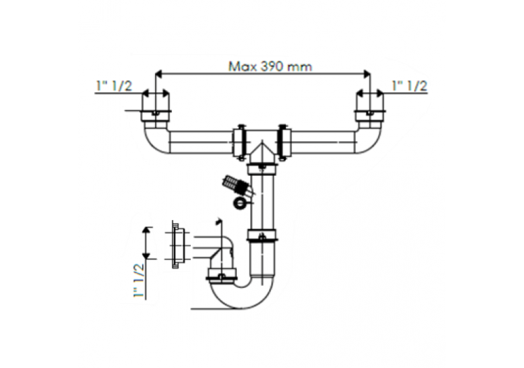 Siphon en U 1-1/2 sortie Ø 40mm filetée 2 cuves réglable avec prise machine à laver/lave vaisselles - 19-P1800/LSI/01 - Fisc 2