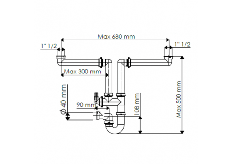 Siphon en U 1-1/2 sortie Ø 40mm filetée FUTURO 2 NEW à 2 cuves réglable avec prise lave vaisselles - 19-P6700/01 - Fisc 2