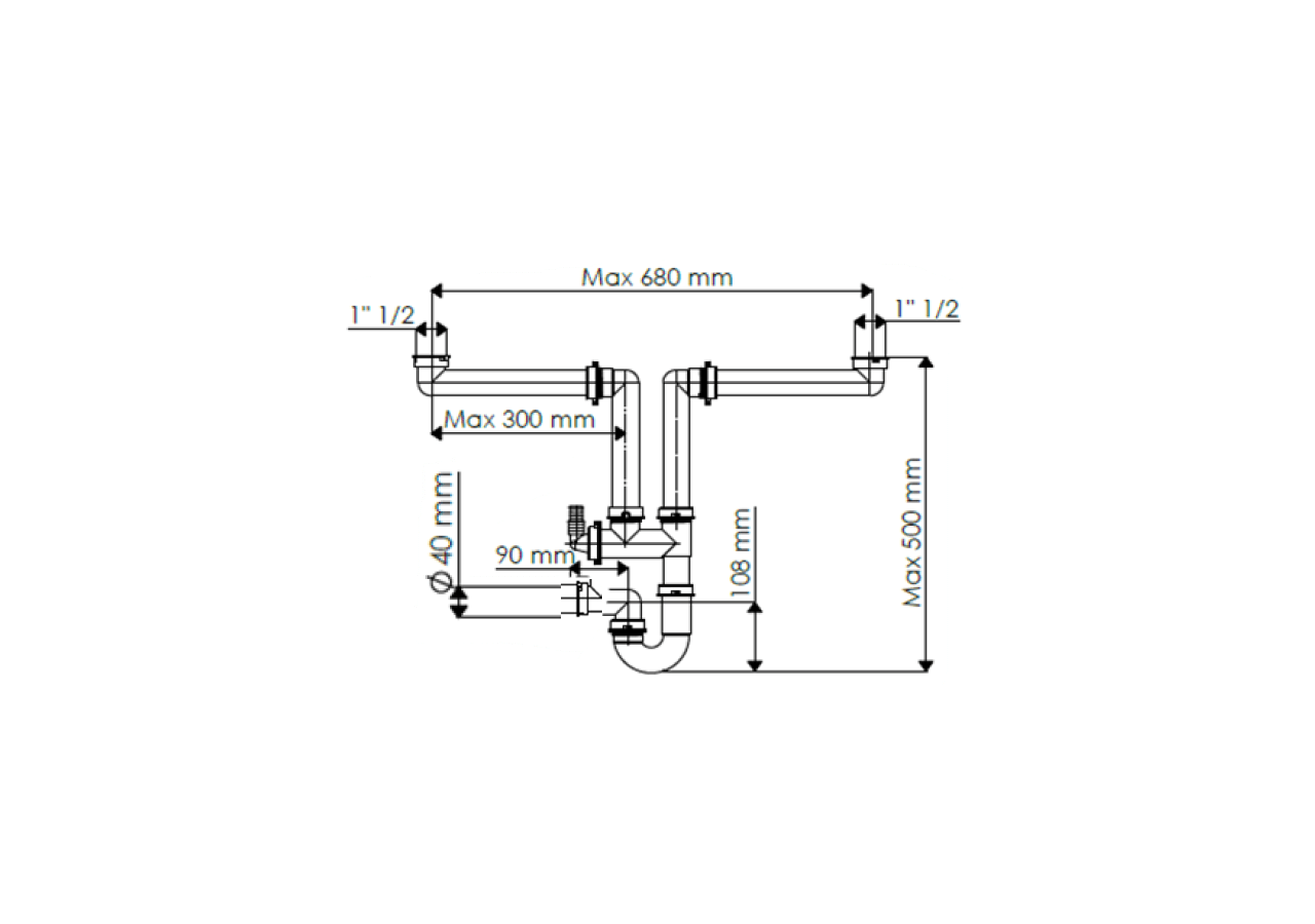 Siphon en U 1-1/2 sortie Ø 40mm filetée FUTURO 2 NEW à 2 cuves réglable avec prise lave vaisselles - 19-P6700/01 - Fisc