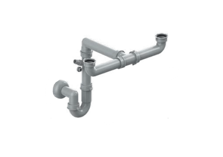 Siphon en U 1 1/2 sortie Ø 40mm filetée 2 cuves réglable avec prise machine à laver/lave vaisselles - 19-D1800/FLAT/S01 - Fisc