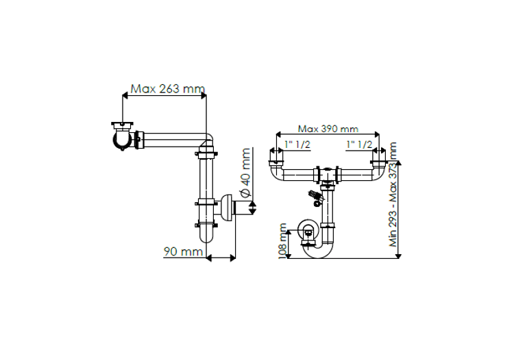 Siphon en U 1 1/2 sortie Ø 40mm filetée 2 cuves réglable avec prise machine à laver/lave vaisselles - 19-D1800/FLAT/S01 - Fisc 2