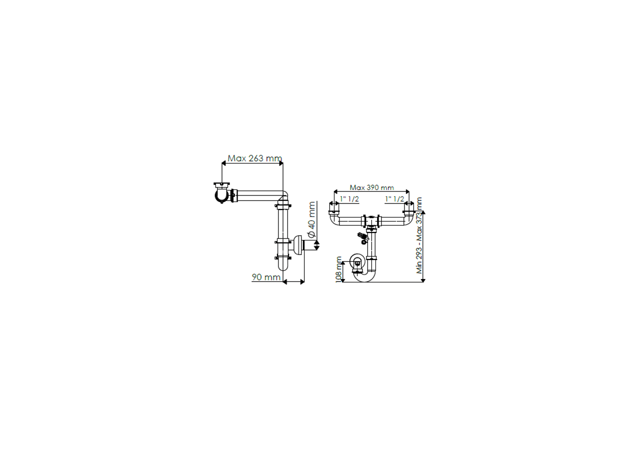 Siphon en U 1 1/2 sortie Ø 40mm filetée 2 cuves réglable avec prise machine à laver/lave vaisselles - 19-D1800/FLAT/S01 - Fisc