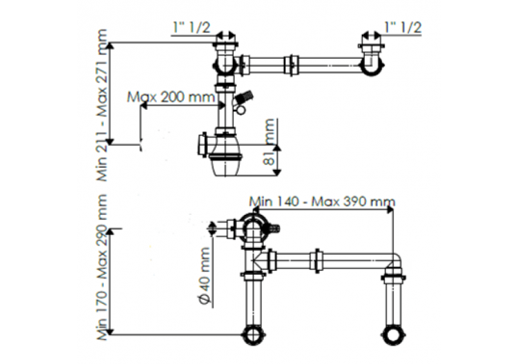Siphon 1 1/2 à bouteille FLAT sortie Ø 40mm filetée 2 cuves réglable avec prise lave vaisselles - 19-D2800/FLAT/RL01 - Fisc 2