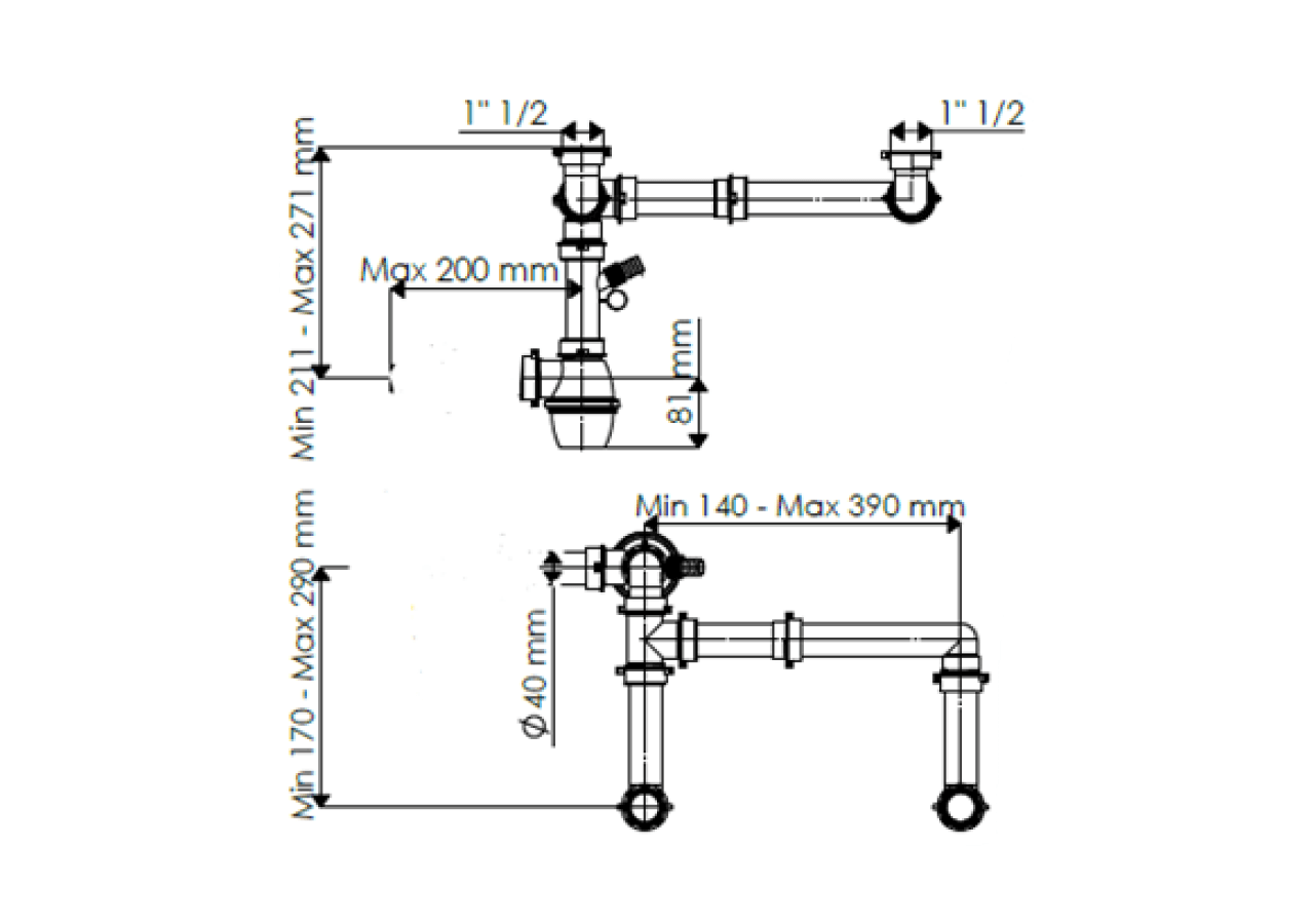 Siphon 1 1/2 à bouteille FLAT sortie Ø 40mm filetée 2 cuves réglable avec prise lave vaisselles - 19-D2800/FLAT/RL01 - Fisc
