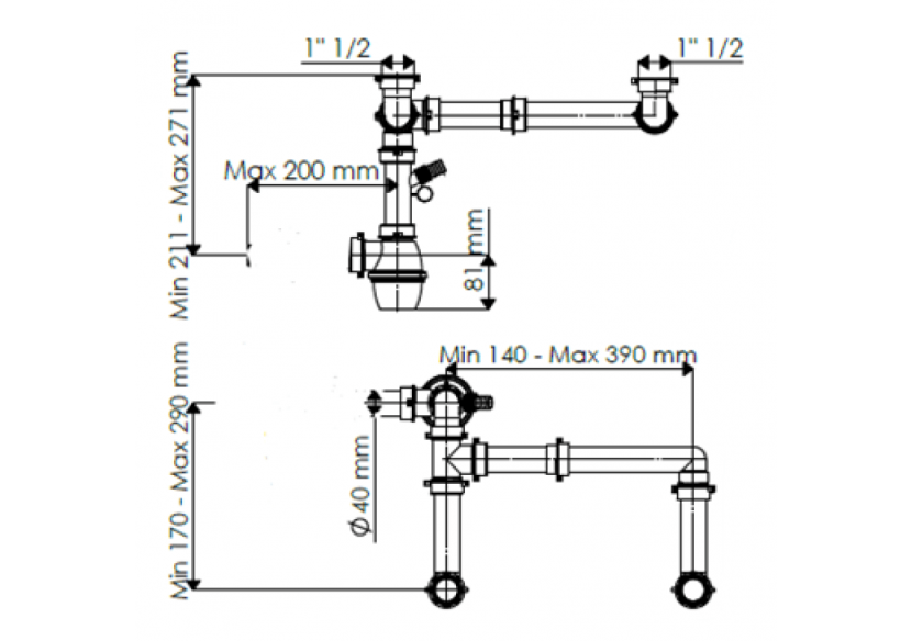Siphon 1 1/2 à bouteille FLAT sortie Ø 40mm filetée 2 cuves réglable avec prise lave vaisselles - 19-D2800/FLAT/RL01 - Fisc