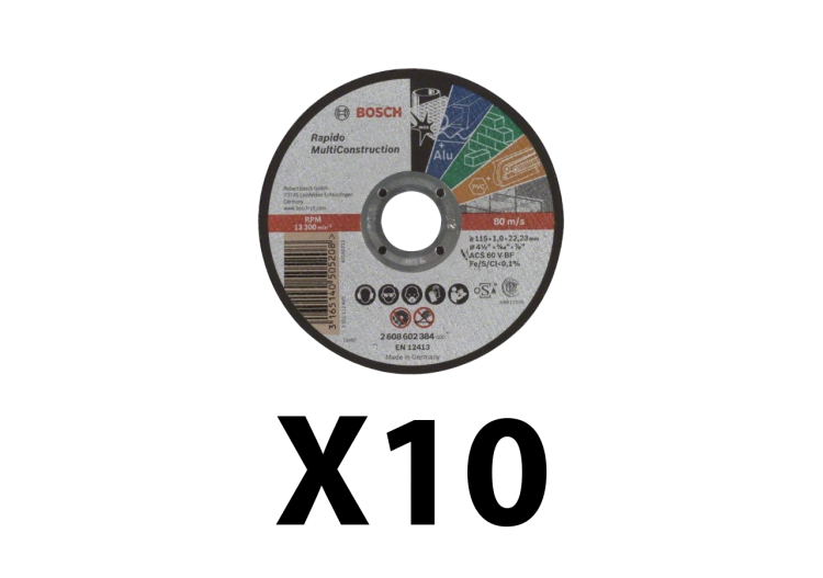 Lot de 10 disques à tronconner multi-matériaux à moyeu plat 115 mm