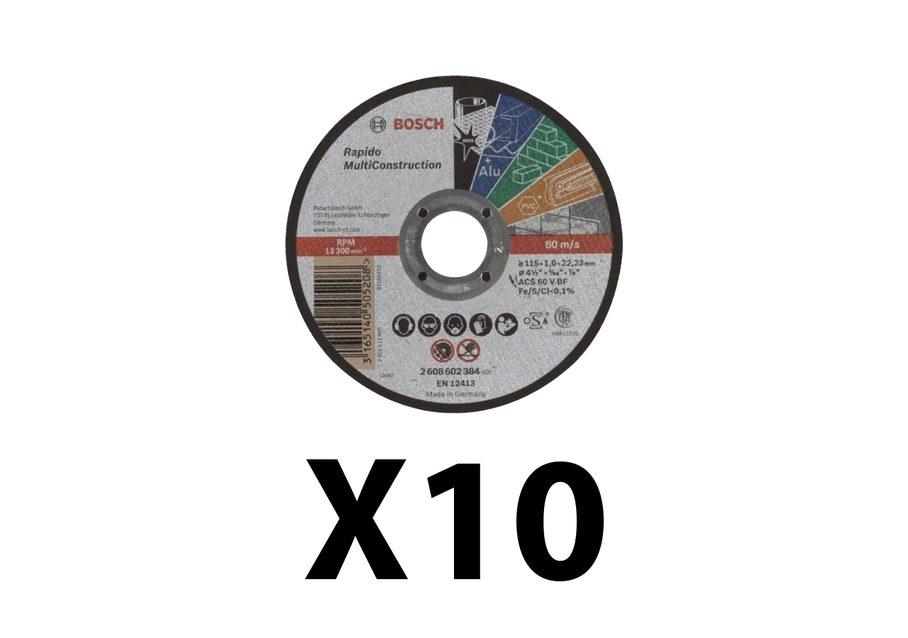 Lot de 10 disques à tronconner multi-matériaux à moyeu plat 115 mm