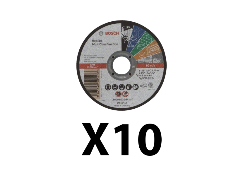 Lot de 10 disques à tronconner multi-matériaux à moyeu plat 115 mm