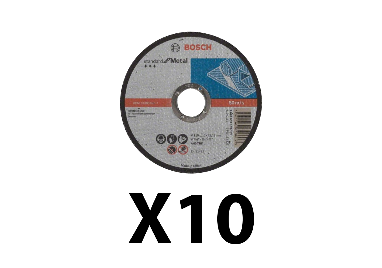 Lot de 10 disques à tronconner métal à moyeu plat 115 mm