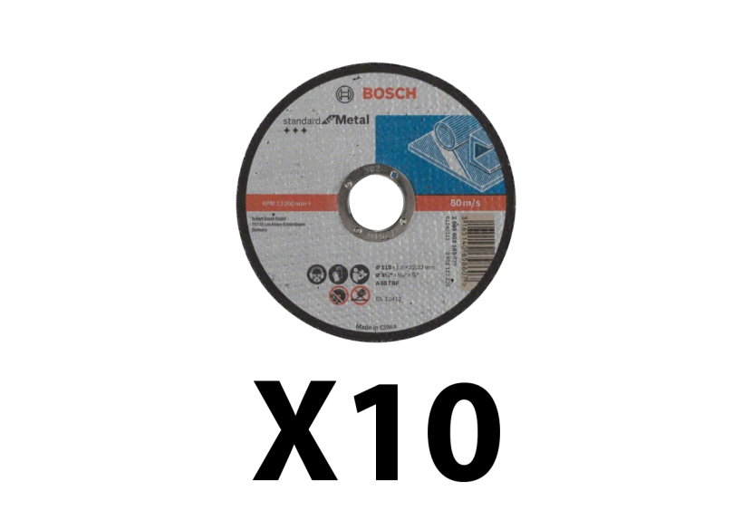 Lot de 10 disques à tronconner métal à moyeu plat 115 mm