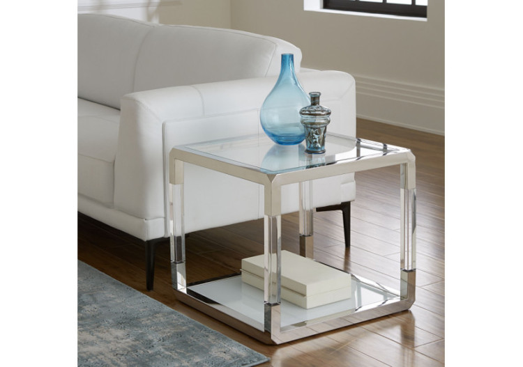 Table de bout Jasper en acrylique, verre blanc et acier inoxydable poli