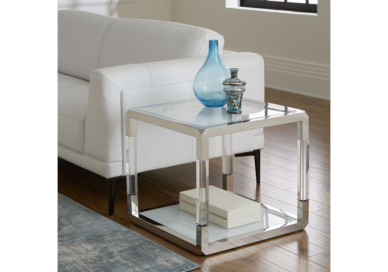 Table de bout Jasper en acrylique, verre blanc et acier inoxydable poli