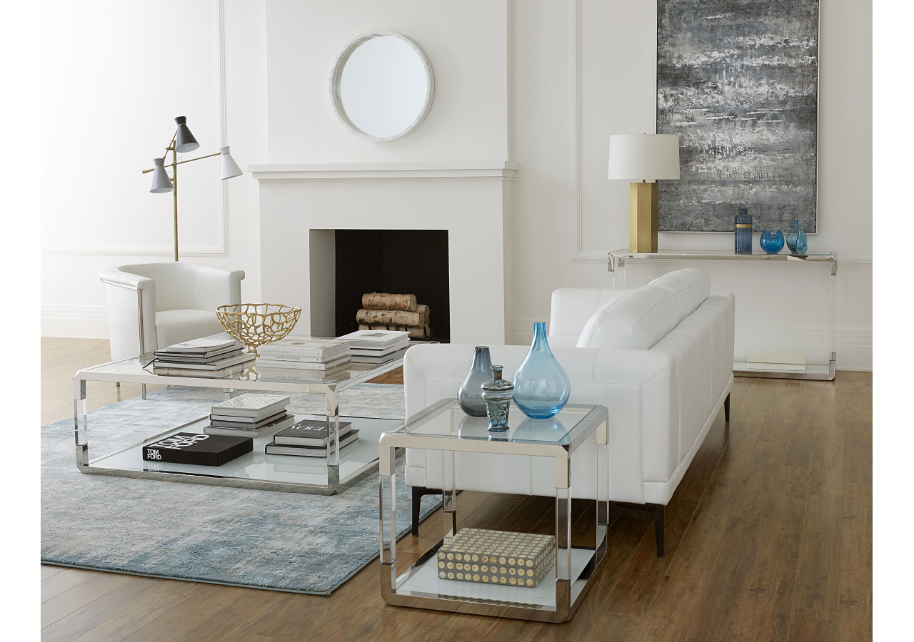 Table de bout Jasper en acrylique, verre blanc et acier inoxydable poli