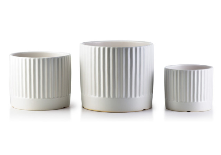 Ensemble de 3 Cache-pots NEVA - Blanc mat avec rayures 18x16cm, 15x13cm, 12x10cm - HTYE1314 - Mondex