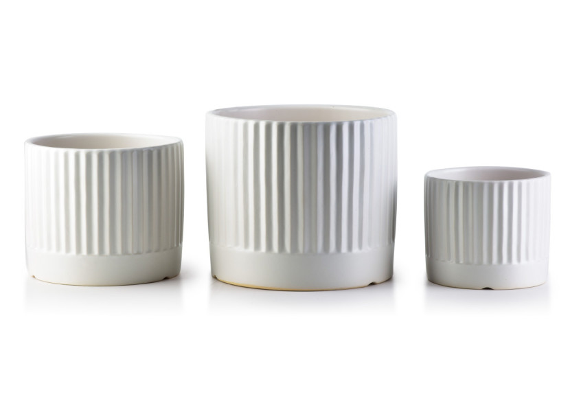 Ensemble de 3 Cache-pots NEVA - Blanc mat avec rayures 18x16cm, 15x13cm, 12x10cm - HTYE1314 - Mondex