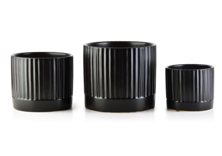 Ensemble de 3 Cache-pots NEVA - Noir mat avec rayures 18x16cm, 15x13cm, 12x10cm - HTYE1352 - Mondex