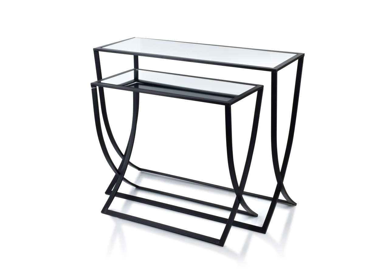Console CEDRIC BLACK - Ensemble de 2 Tables Élégantes en Métal et Miroir - HTOP7044 - Mondex