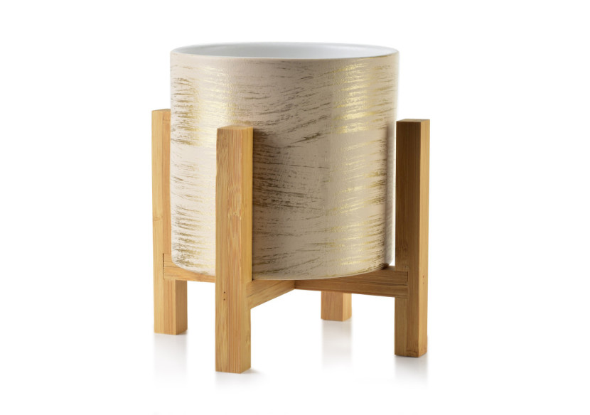 Cache-pot AVA - 12,5x12,5xH:11,7cm sur support en acacia doré - HTYE0504 - Mondex