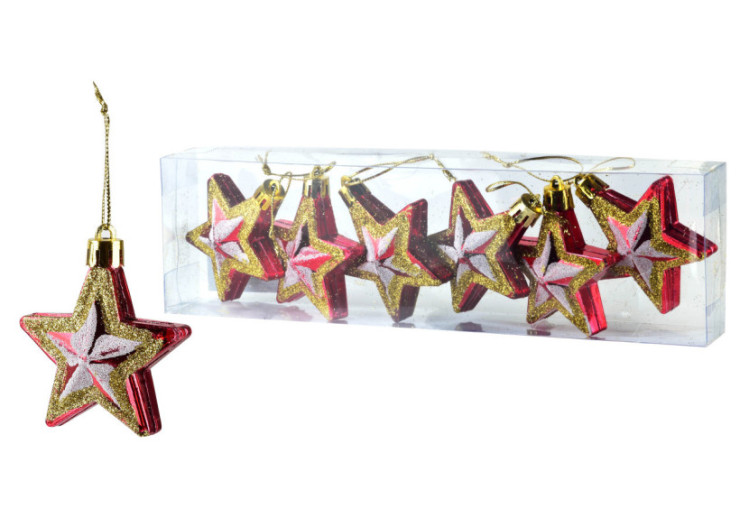 Ensemble de 6 Boules SANTA LILA - 3x5,6x6,8 cm Étoiles - HIWJ2180-SW - Mondex