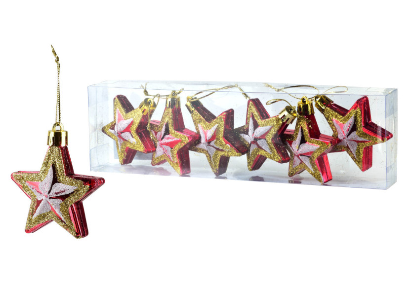 Ensemble de 6 Boules SANTA LILA - 3x5,6x6,8 cm Étoiles - HIWJ2180-SW - Mondex