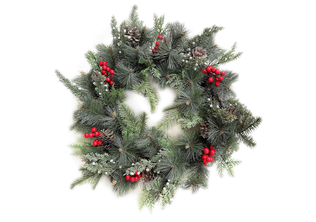 Couronne VIRIDIS 55cm - Décoration festive avec houx et sapin enneigé - HTQB1251-SW - Mondex