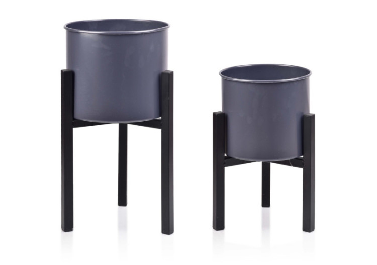 Ensemble de 2 Pots SWEN - Gris sur Support Noir (L:24xH45, M:21xH34cm) - HTOP6440-PROM - Mondex