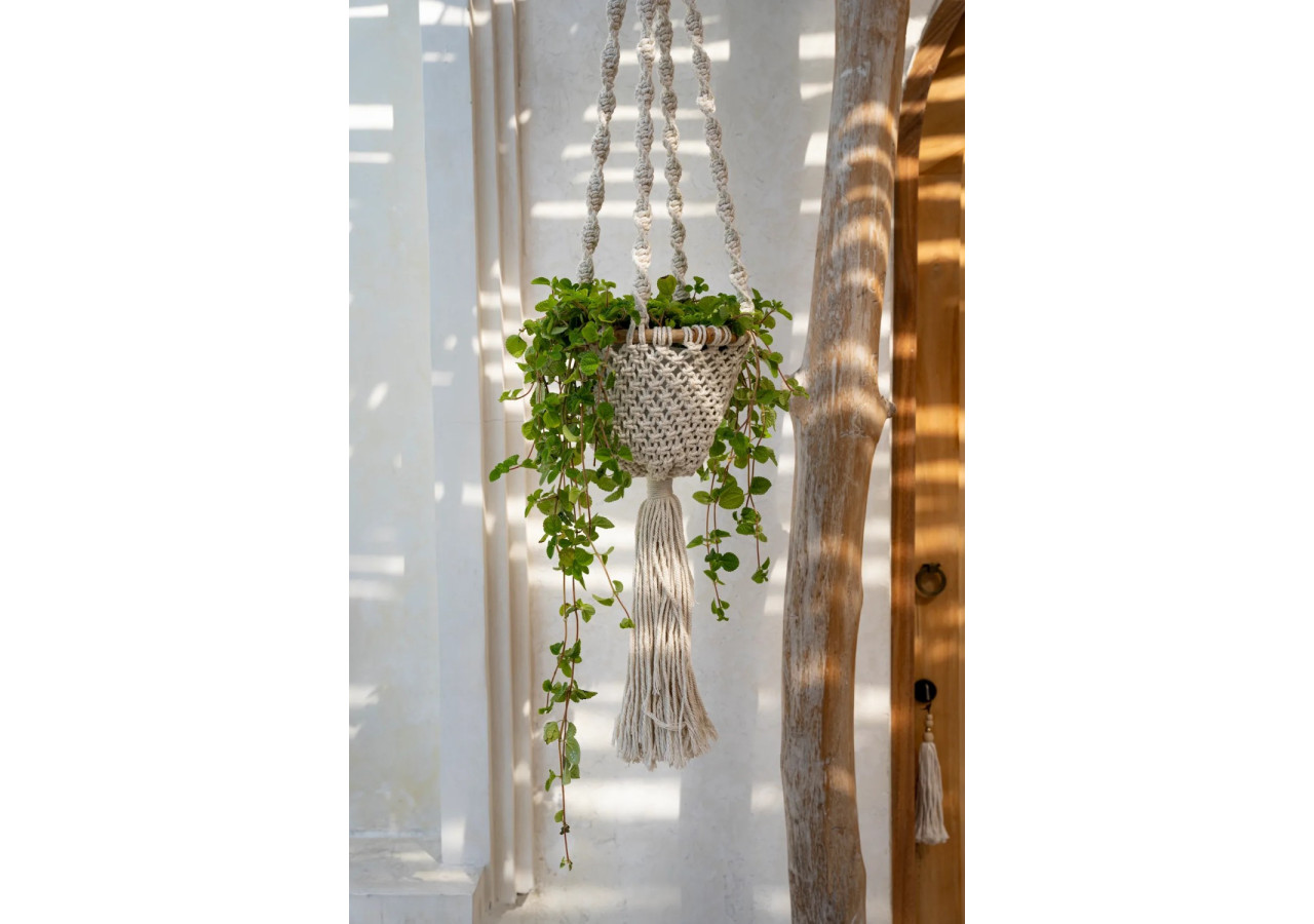 Porte Plante Macramé Torsadé - Blanc Naturel - M - BAEX009NW-M - Bazar Bizar
