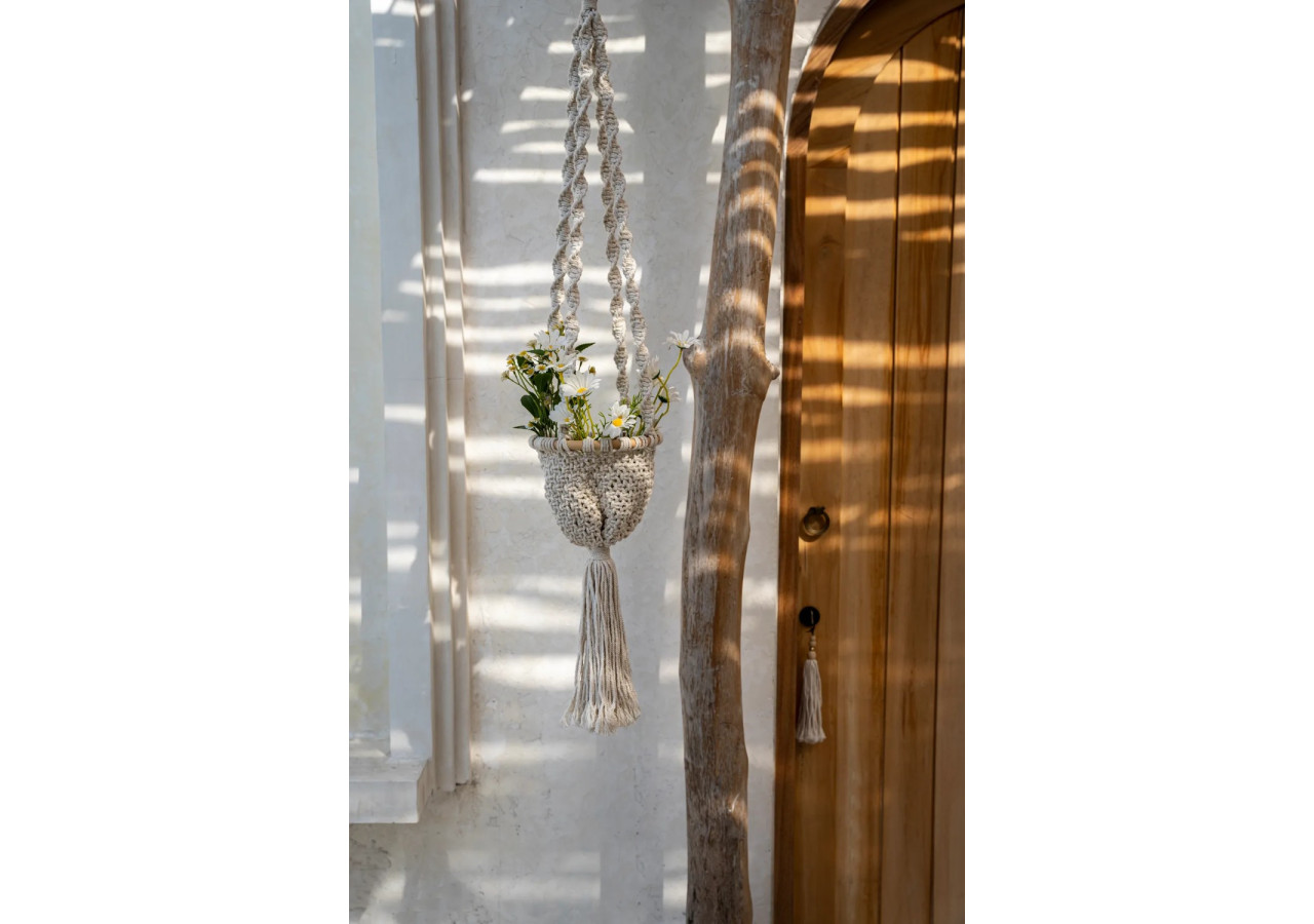 Porte Plante Macramé Torsadé - Blanc Naturel - M - BAEX009NW-M - Bazar Bizar