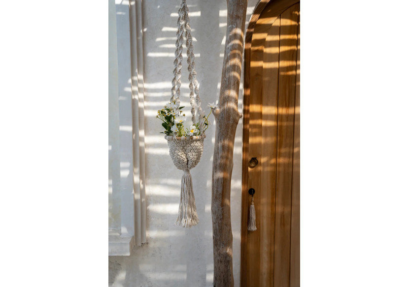 Porte Plante Macramé Torsadé - Blanc Naturel - M - BAEX009NW-M - Bazar Bizar
