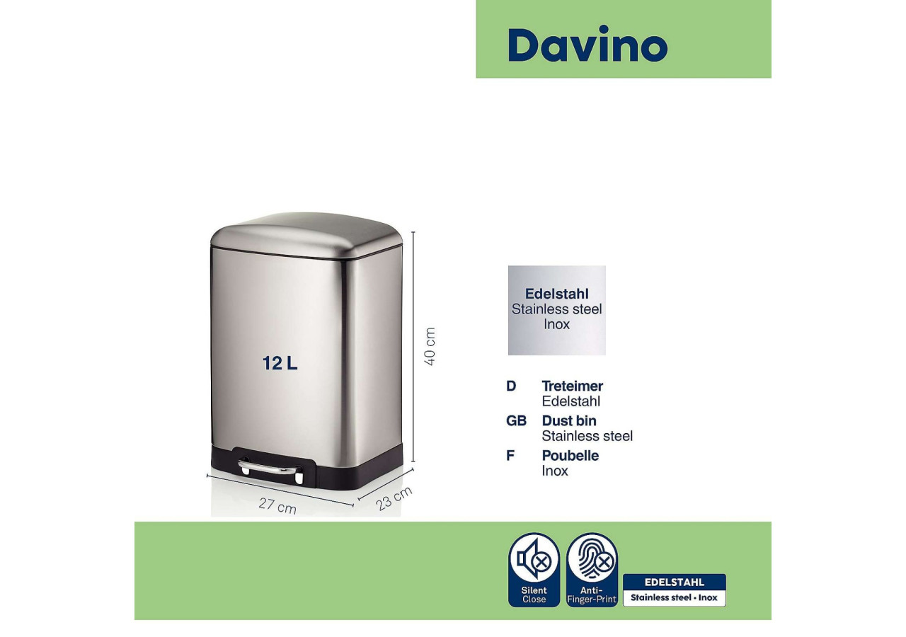Poubelle Davino avec Pédale - 12 L en Acier Inoxydable Mat - KE 109027 - Kela Badkamer