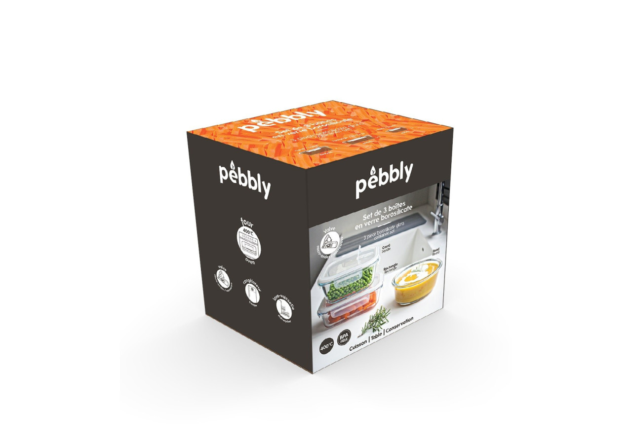 Set de boîtes de conservation en verre - 3 tailles pratiques - PE 813776 - Pebbly