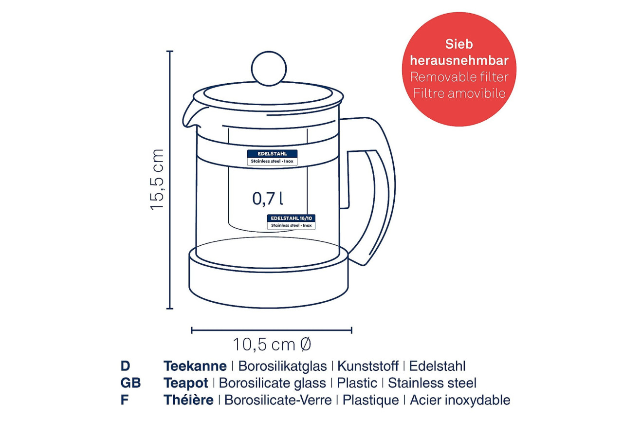 Théière AURON avec Filtre - 700 ml en Verre Résistant à la Chaleur - KE 114571 - Kela Keuken