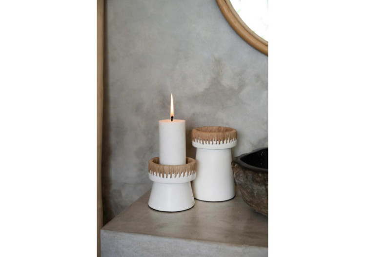 Bougeoir Élégant - Terracotta blanc avec accent raffia - JABR045WN-L - Bazar Bizar 2