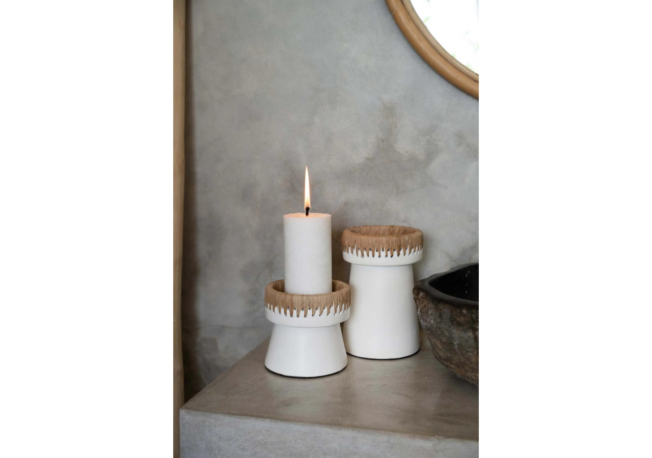 Bougeoir Élégant - Terracotta blanc avec accent raffia - JABR045WN-L - Bazar Bizar