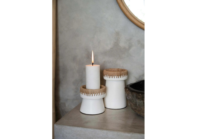 Bougeoir Élégant - Terracotta blanc avec accent raffia - JABR045WN-L - Bazar Bizar