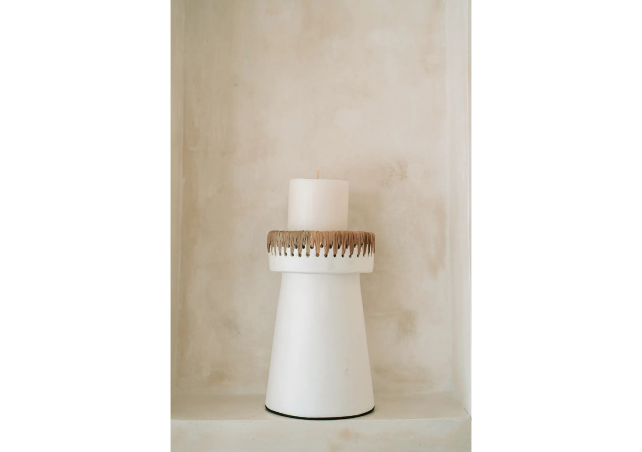 Bougeoir Élégant - Terracotta blanc avec accent raffia - JABR045WN-L - Bazar Bizar
