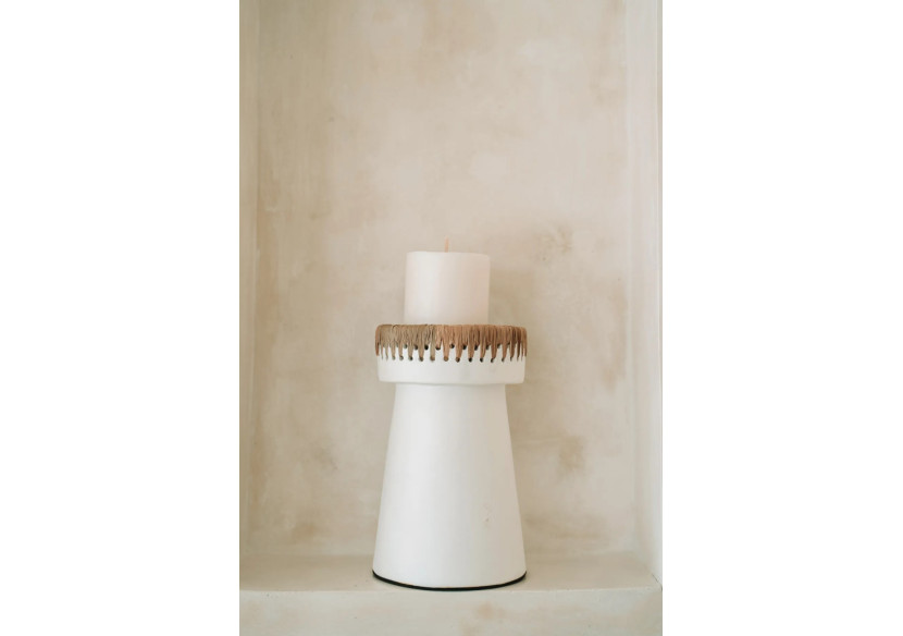 Bougeoir Élégant - Terracotta blanc avec accent raffia - JABR045WN-L - Bazar Bizar