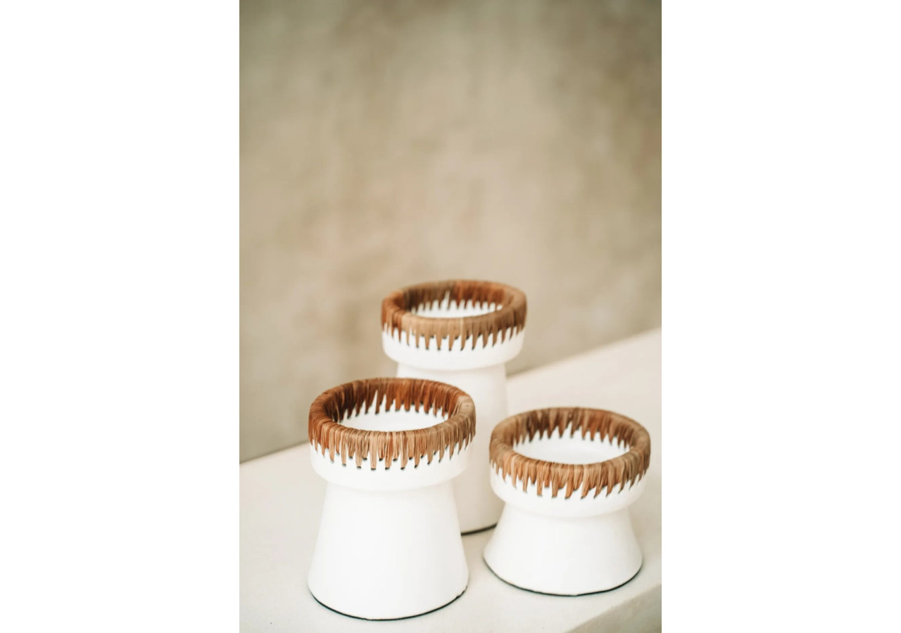 Bougeoir Élégant - Terracotta blanc avec accent raffia - JABR045WN-L - Bazar Bizar