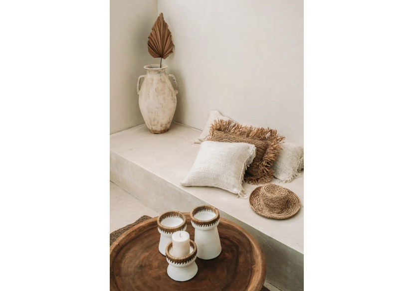 Bougeoir Élégant - Terracotta blanc avec accent raffia - JABR045WN-L - Bazar Bizar